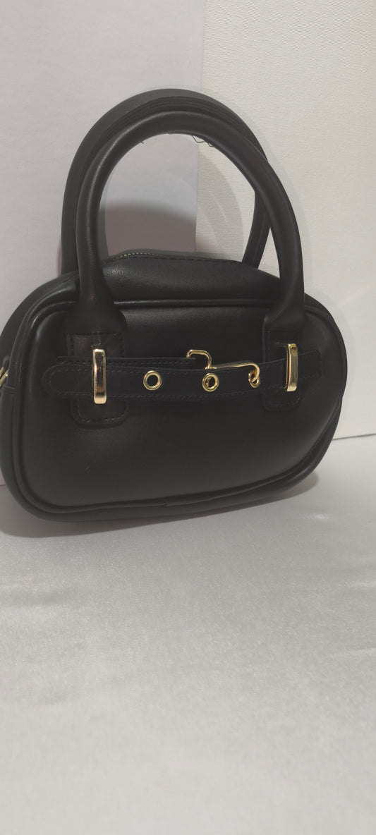 Siyah Renk Mini Kadın Kol / El / Omuz Çantası - Altın Tokalı Şık Tasarım