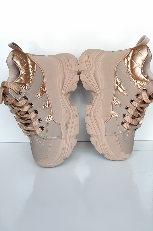 Kadın Kalın Taban Spor Ayakkabı - Bej ve Gold Detaylı Sneaker, Yürüyüş Ayakkabısı