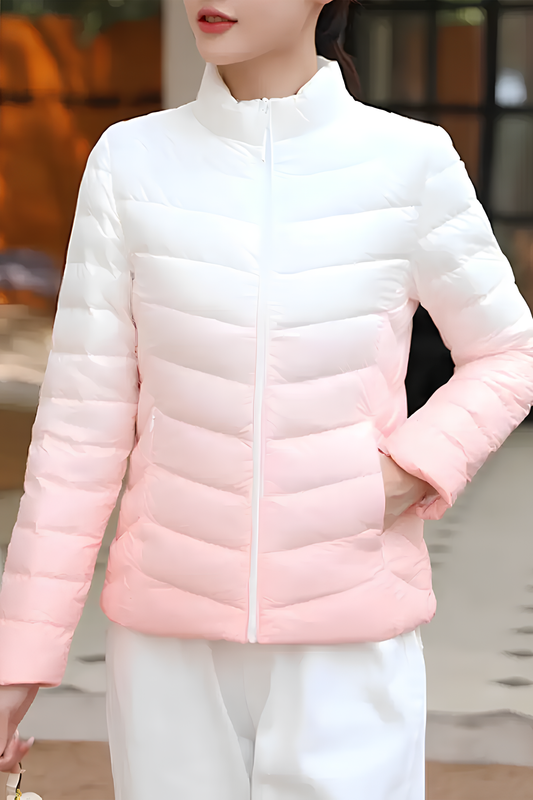 Kadın Pudra Beyaz Geçişli Şişme Mont – Zarif, Hafif ve Sıcak Tutucu Kışlık Mont