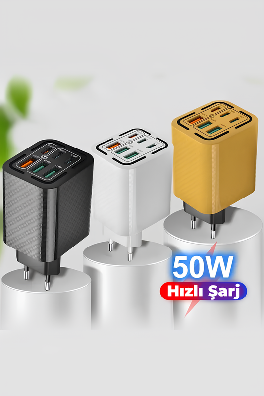 Beyaz Renk 50W Evrensel Hızlı Şarj Adaptörü - USB Çıkışlı Türkiye/Avrupa Fişli Şarj Cihazı