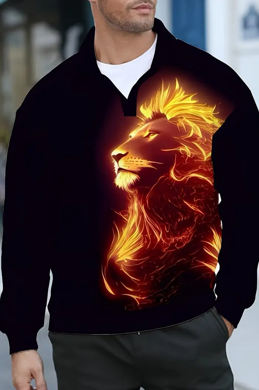 Alev Aslanı Tasarımlı Erkek Tshirt - Sonbahar/Kış, Polyester, Hafif Esnek, Düzenli Kesim