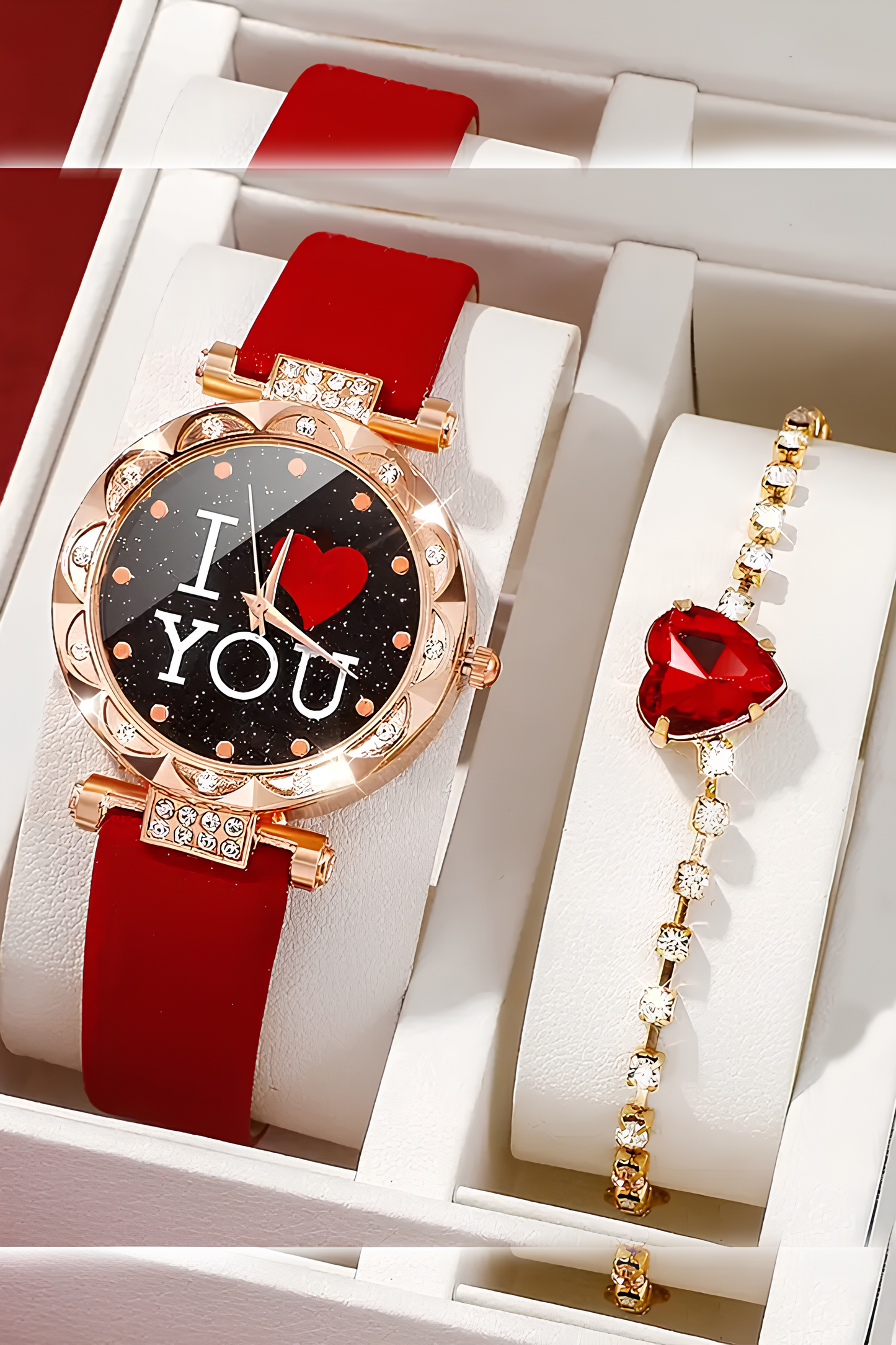 Kırmızı Renk Kadın Aksesuar Set, Seni Seviyorum Yazılı Set, Çelik Bileklik, Çelik Saat