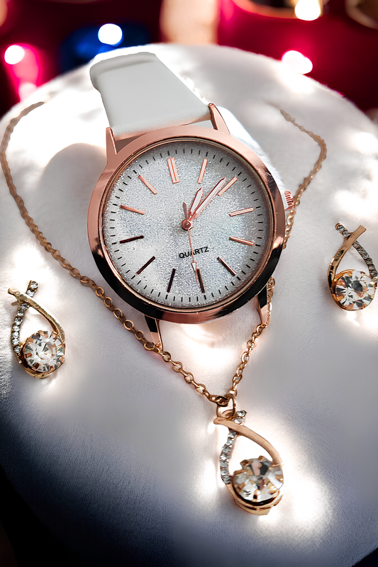 Parlak ve Zarif Kadın Takı Seti – Saat, Kolye ve Küpe