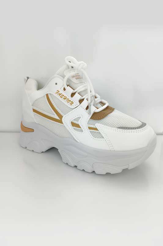 Kadın Beyaz Kahverengi Detaylı Kalın Taban Spor Ayakkabı - Rahat ve Şık Sneaker