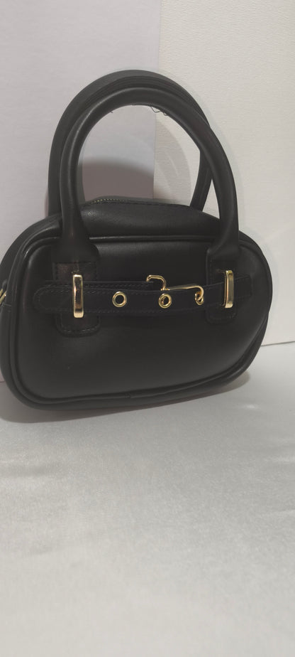 Siyah Renk Mini Kadın Kol / El / Omuz Çantası - Altın Tokalı Şık Tasarım