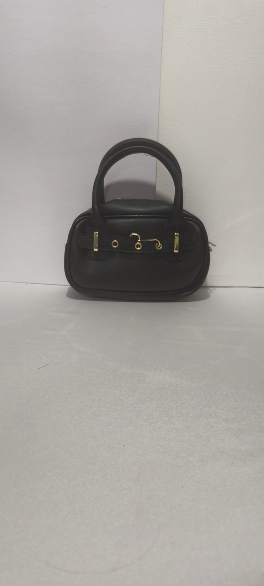 Siyah Renk Mini Kadın Kol / El / Omuz Çantası - Altın Tokalı Şık Tasarım