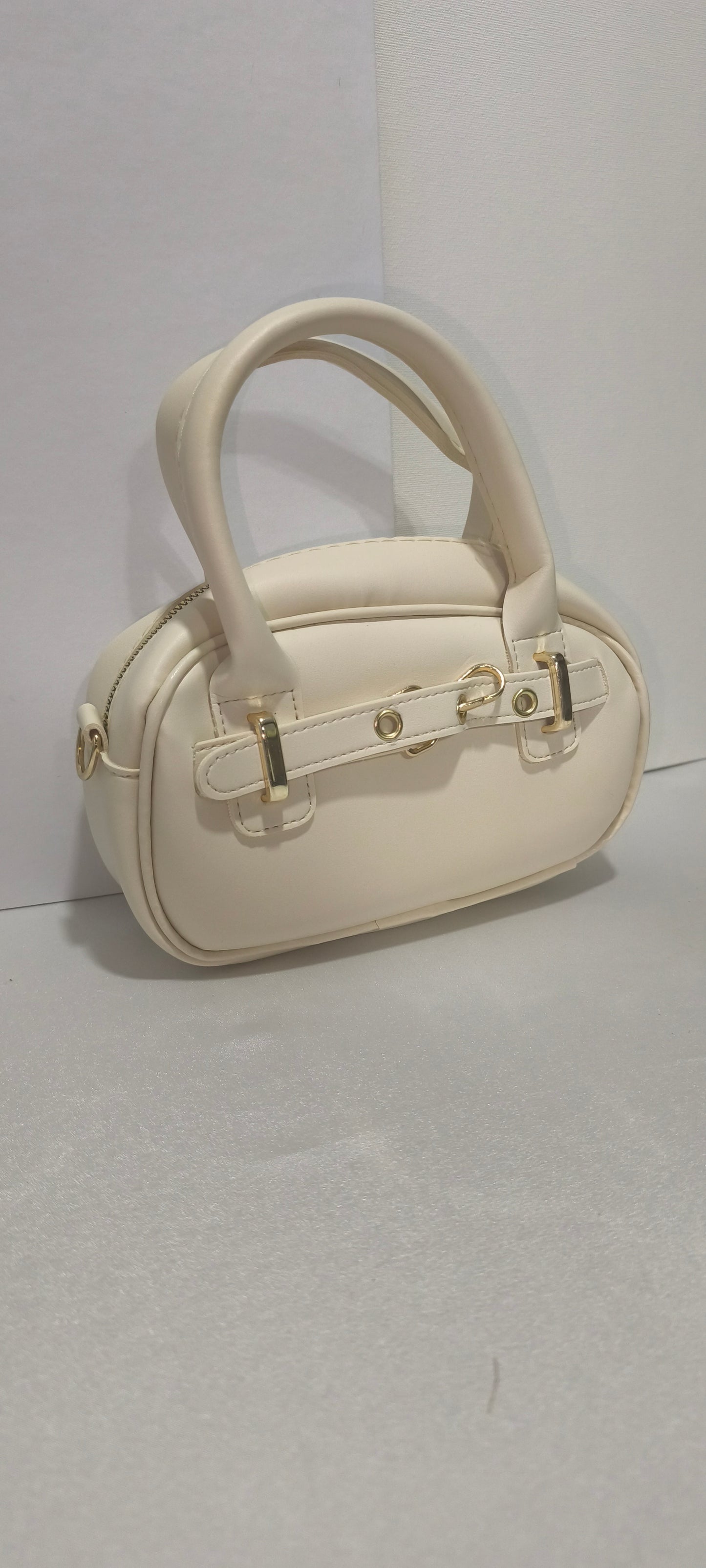 Krem Renk Mini Kadın Kol / El / Omuz Çantası - Altın Tokalı Şık Tasarım