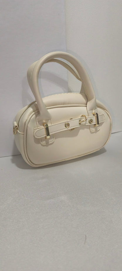 Krem Renk Mini Kadın Kol / El / Omuz Çantası - Altın Tokalı Şık Tasarım