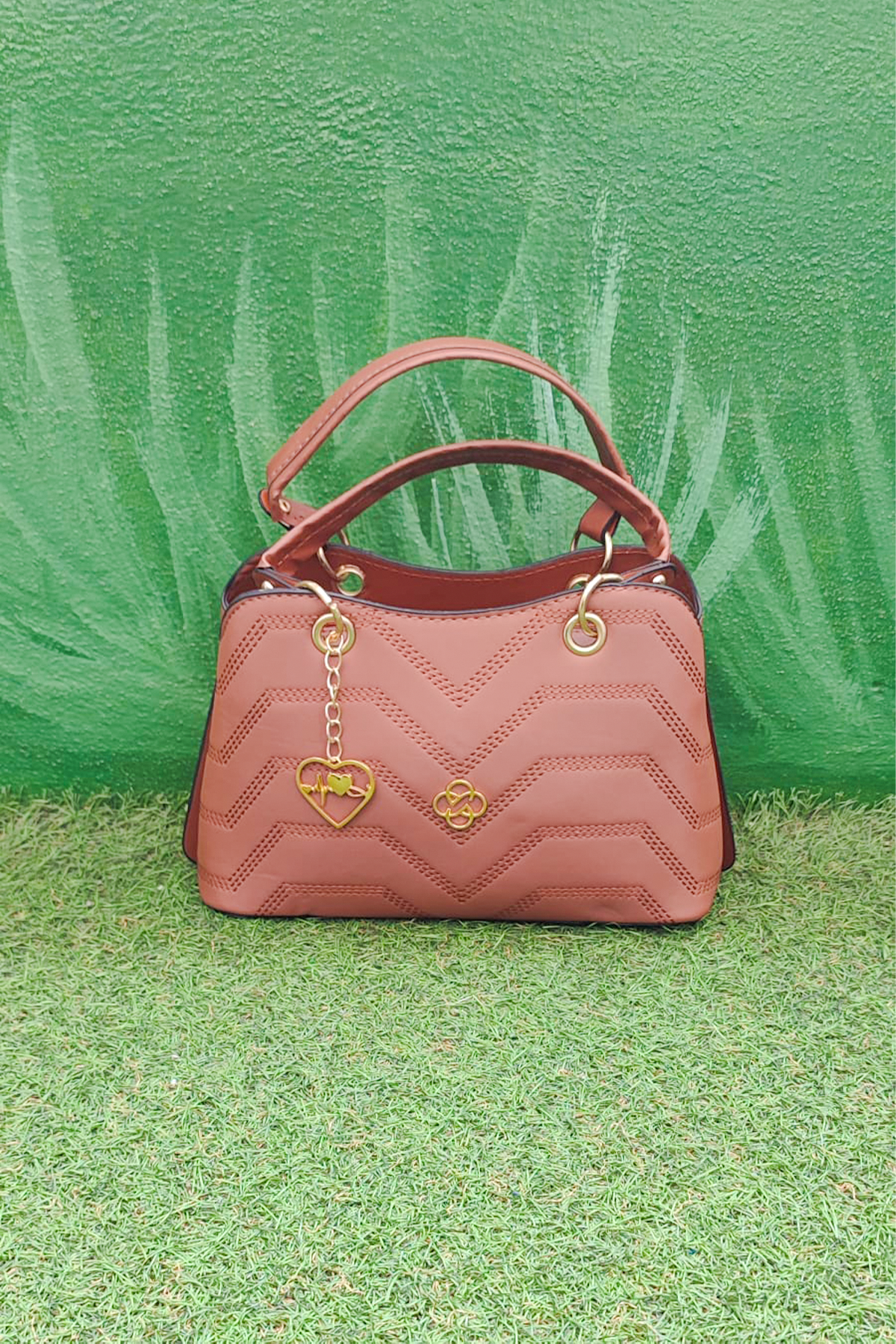 Zigzag Desenli Kadın El ve Omuz Çantası - Taba Renk Şık Model