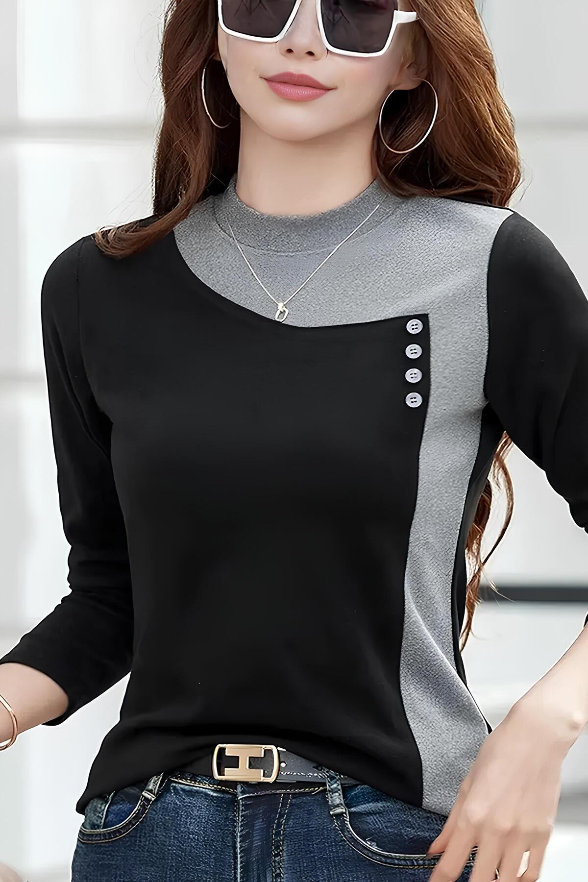 Kadın Esnek Örme T-shirt – Gündelik, Ev ve Dış Mekan Kullanımı İçin Stand Yaka Tasarım