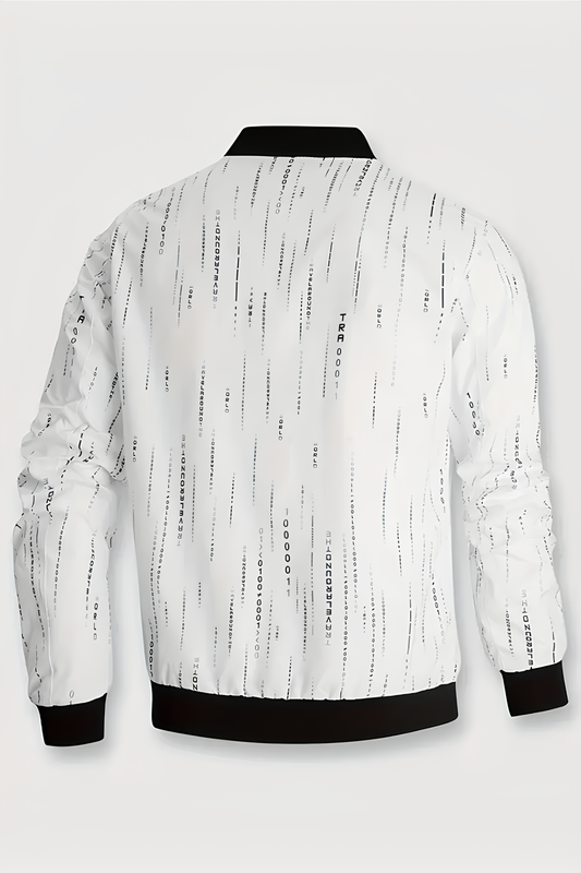 Beyaz Kod Desenli Fermuarlı Bomber Mont – Erkek Şık Dış Giyim