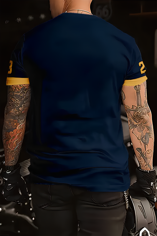 Erkek Spor Tişört – Lacivert Sarı Beyaz Renkli Şeritli Tasarım