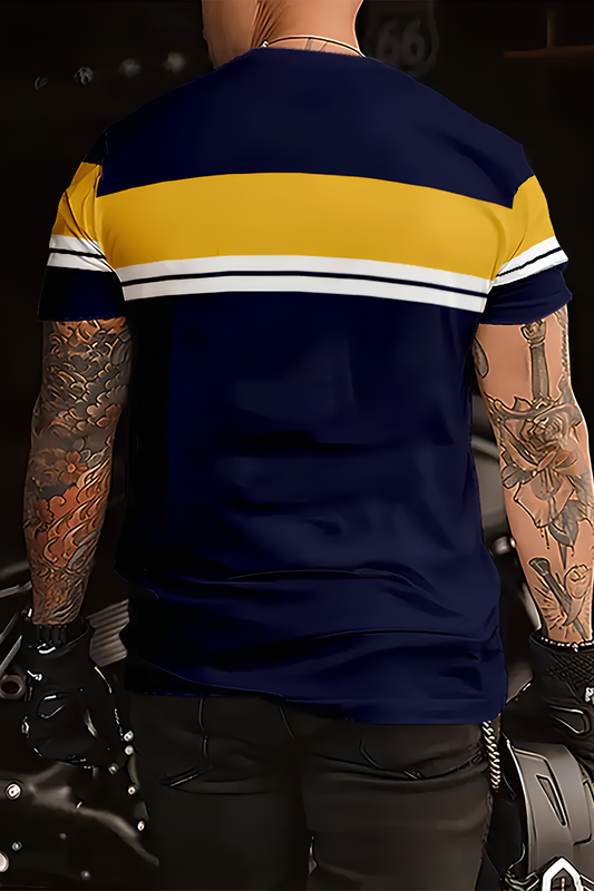 Lacivert Sarı Renk Bloklu Erkek Tişört – Slim Fit Spor Tarz