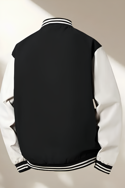 Erkek Siyah Beyaz Fermuarlı Beyzbol Ceketi – Polyester Kumaş, Gündelik Şık Stil