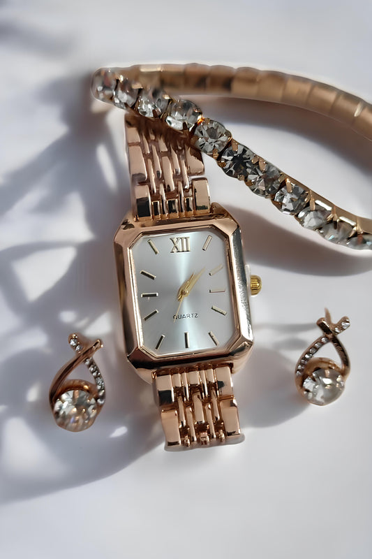 Rose Renkli Kadın Saat ve Takı Seti – Şık Bileklik, Saat & Küpe Kombini