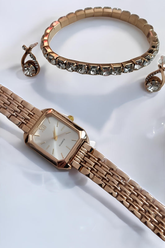 Rose Renkli Kadın Saat ve Takı Seti – Şık Bileklik, Saat & Küpe Kombini