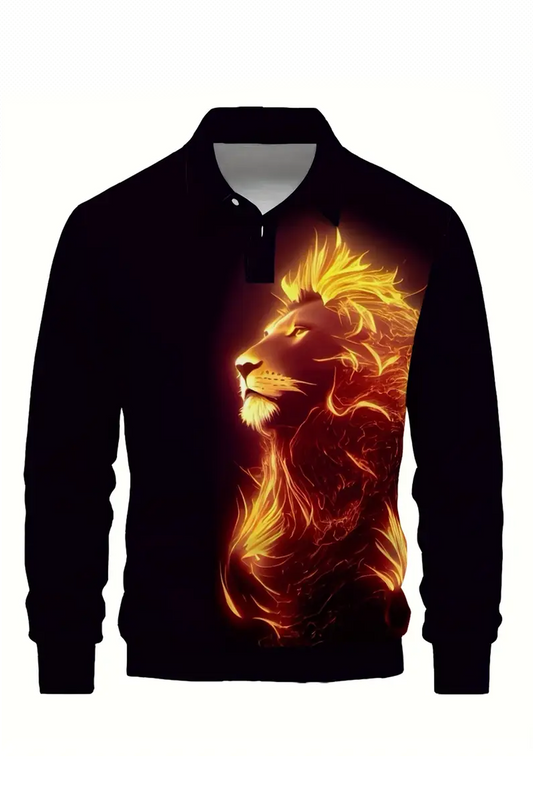 Alev Aslanı Tasarımlı Erkek Tshirt - Sonbahar/Kış, Polyester, Hafif Esnek, Düzenli Kesim