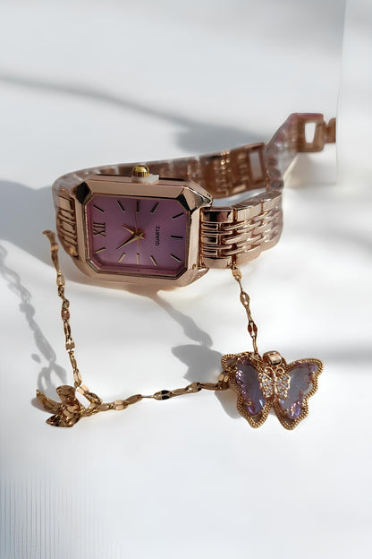 Rose Renkli Kadın Saat ve Takı Seti – Şık Kolye ve Saat