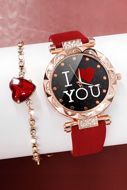 Kırmızı Renk Kadın Aksesuar Set, Seni Seviyorum Yazılı Set, Çelik Bileklik, Çelik Saat