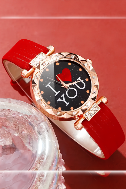 Kırmızı Renk Kadın Aksesuar Set, Seni Seviyorum Yazılı Set, Çelik Bileklik, Çelik Saat