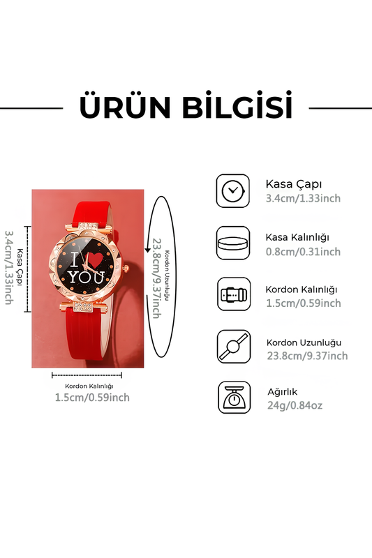 Kırmızı Renk Kadın Aksesuar Set, Seni Seviyorum Yazılı Set, Çelik Bileklik, Çelik Saat