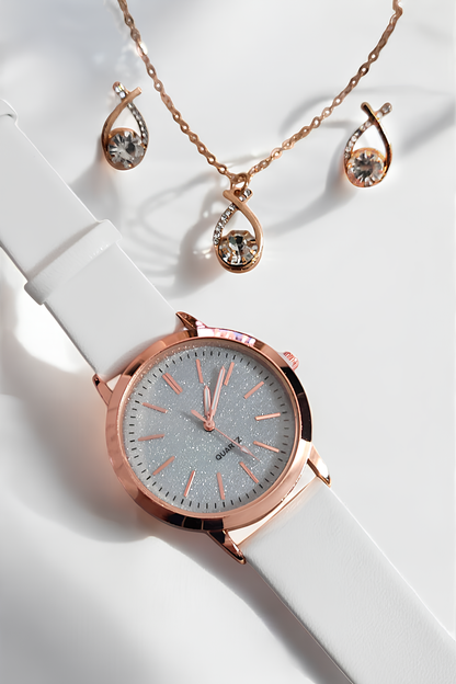 Parlak ve Zarif Kadın Takı Seti – Saat, Kolye ve Küpe