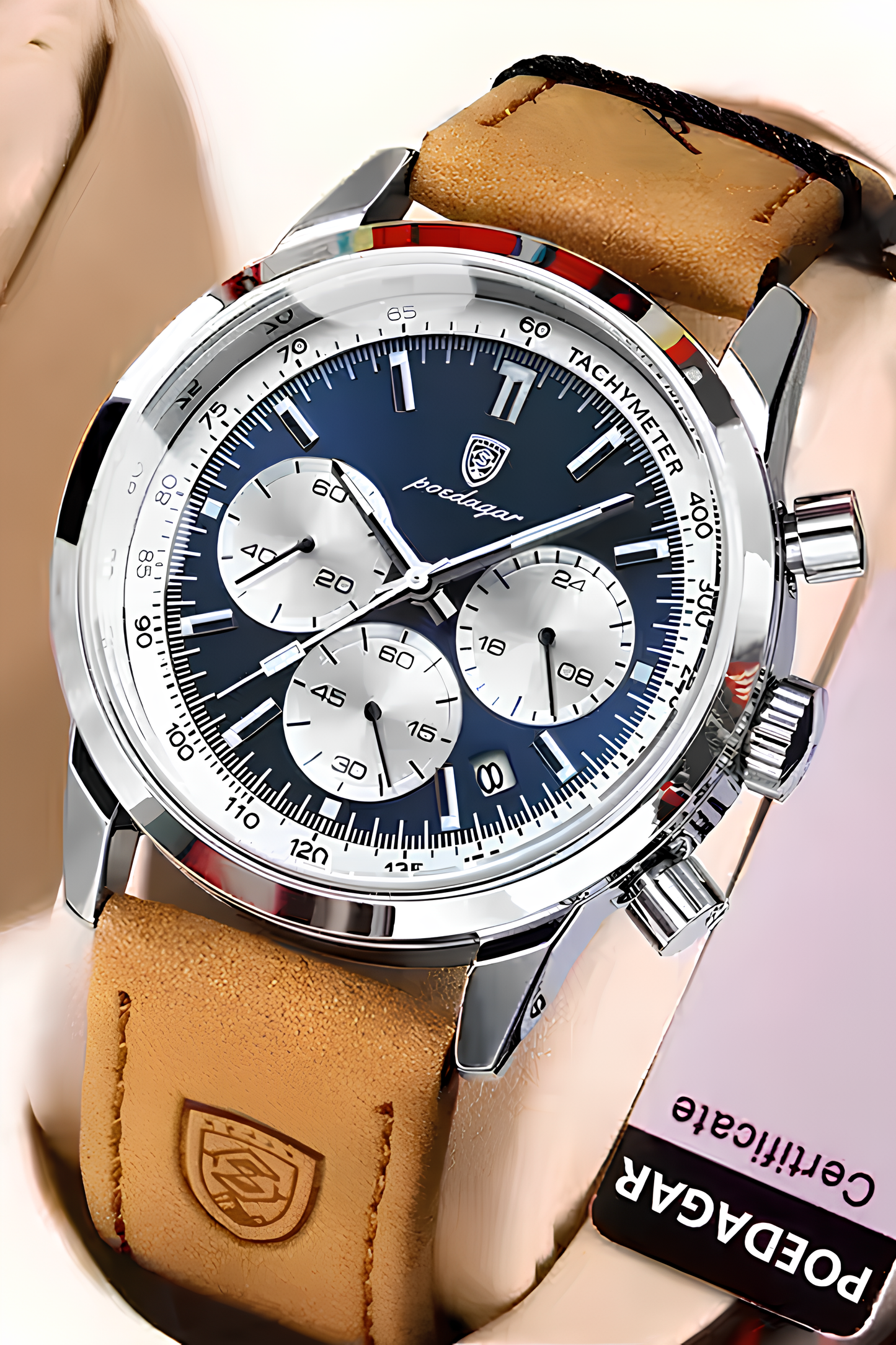 Paslanmaz Çelik Kasa Kronograf Erkek Saati Deri Kordonlu Spor Şık Tasarım