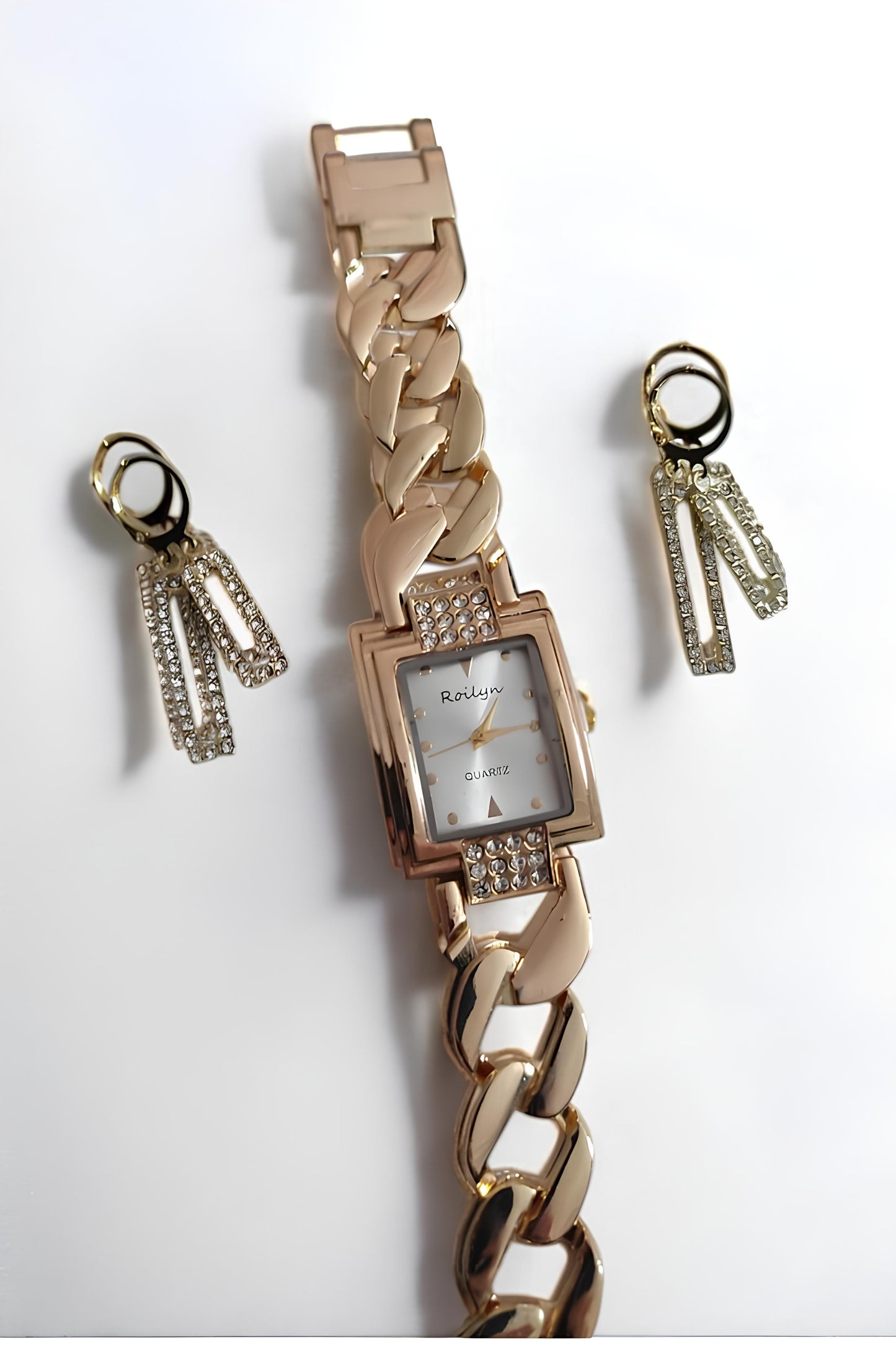 Şık Altın Renk Kadın Kol Saati ve Küpe Paslanmaz Çelik