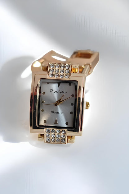 Şık Altın Renk Kadın Kol Saati ve Küpe Paslanmaz Çelik