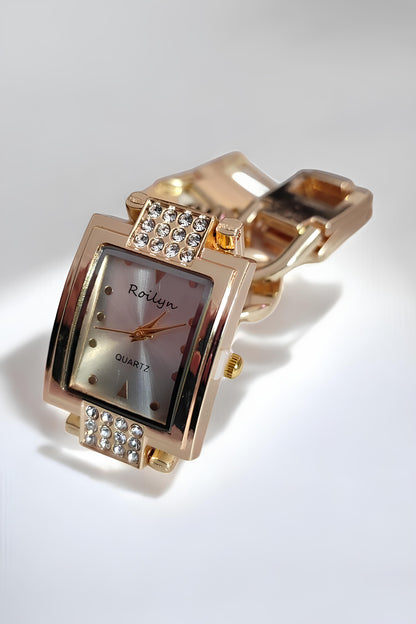 Şık Altın Renk Kadın Kol Saati ve Küpe Paslanmaz Çelik