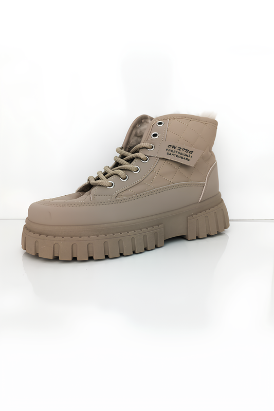 Kadın Kürklü Platform Topuklu Bağcıklı Suni Deri Günlük Kahverengi Bot