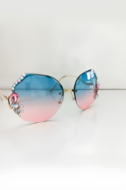Mavi ve Pembe Renkli, Metal Çerçeveli Kadın Güneş Gözlüğü