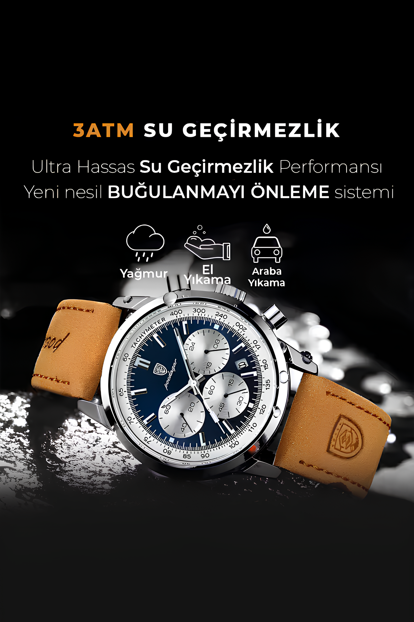 Paslanmaz Çelik Kasa Kronograf Erkek Saati Deri Kordonlu Spor Şık Tasarım