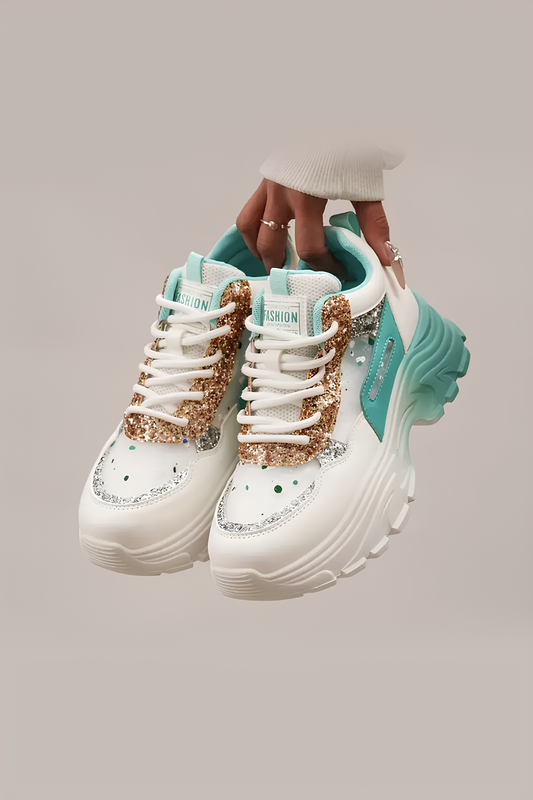 Kadın Beyaz-Turkuaz Işıltılı Chunky Sneaker – Kalın Tabanlı Glitır Detaylı Spor Ayakkabı